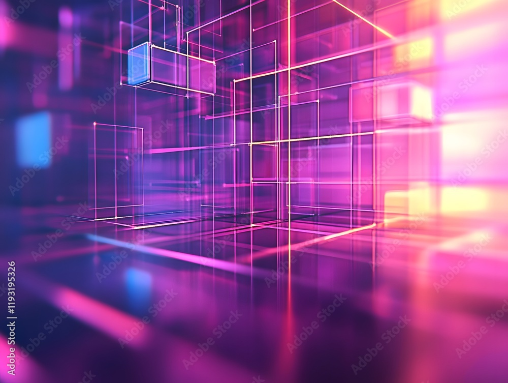 Aufkleber Abstract geometric shapes in vibrant neon colors creating a futuristic atmosphere with contrasting light reflections and a sense of depth and dimension.