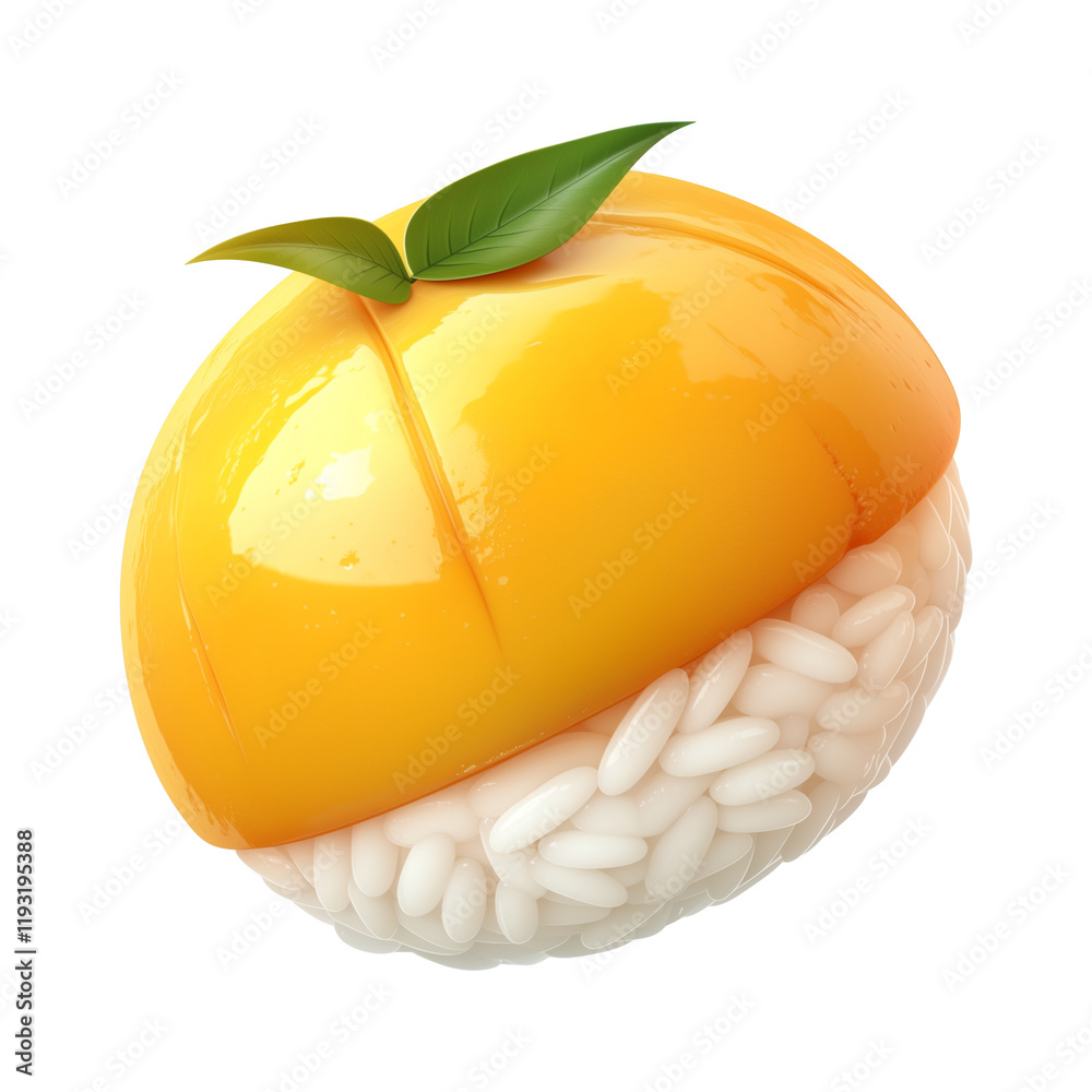 Poster 3d cute cartoon mango sticky rice with glossy finish and green leaf, isolated on transparency backgr