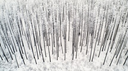Aerial view of snow-covered forest, tall slender trees in winter.