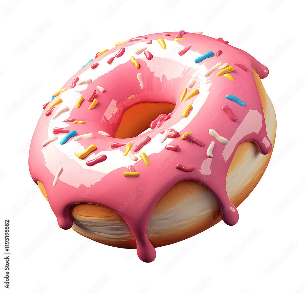 Aufkleber cute 3d cartoon donut with pink icing and colorful sprinkles is isolated on transparency background,