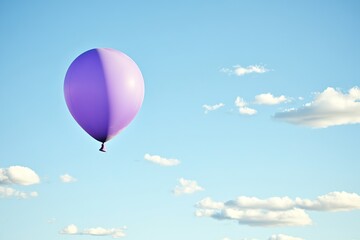 Fototapeta premium symbolic depiction of purple balloon floating against clear sky with scattered clouds
