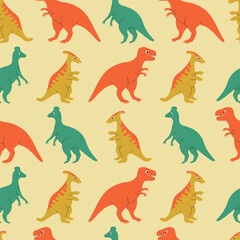 Seamless pattern with cute colorful dinosaur characters. Template for print, fabric, wallpaper, wrapping paper