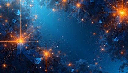 Starry night background with glowing orange lights on blue sky