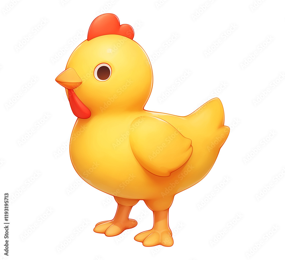 Poster cute 3d cartoon chicken with bright yellow body and red comb stands isolated on transparency backgro