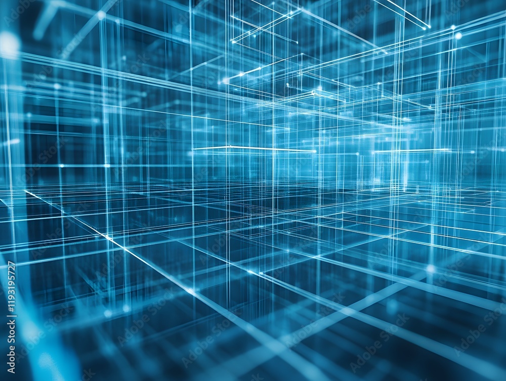 Poster Abstract Digital Grid in Blue Tones Representing Technology and Data Visualization in 3D Space, Ideal for Backgrounds and Illustrations in Modern Design