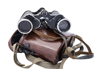 vintage military binoculars in case isolated