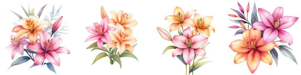 Fototapeta premium Vibrant Pink and Orange Lilies with Lush Green Leaves Creating a Beautiful Floral Arrangement for Decorative Purposes