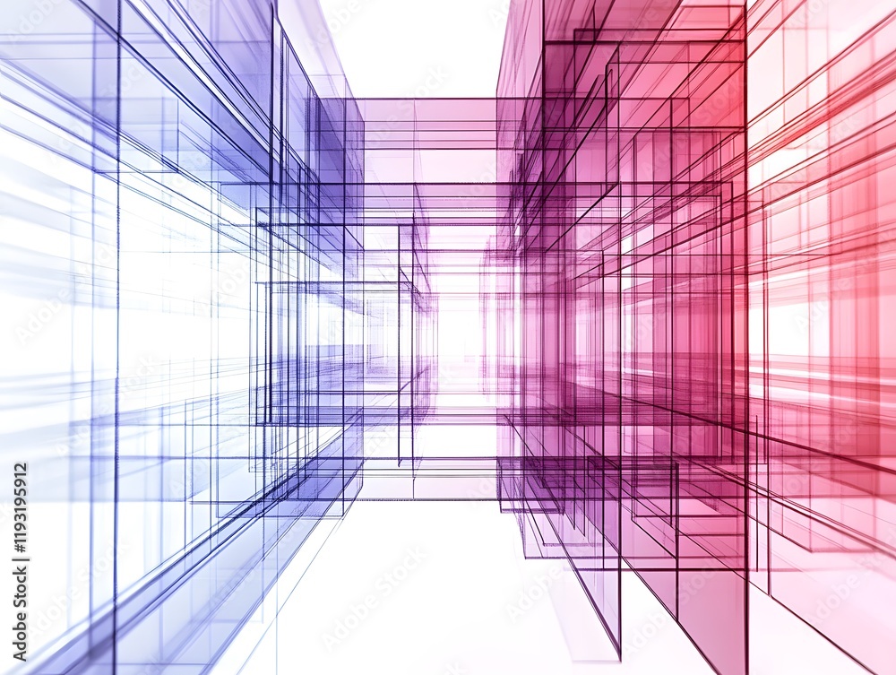Poster Abstract Digital Artwork of Transparent Geometric Shapes in a Futuristic Perspective with Blue and Red Hues Creating a Sense of Depth and Movement