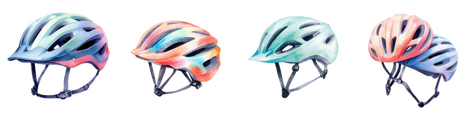 Fototapeta premium Stylish Bicycle Helmets Showcasing Vibrant Designs for Safety and Comfort, Perfect for Cycling Enthusiasts and Outdoor Adventures in Various Colors and Patterns