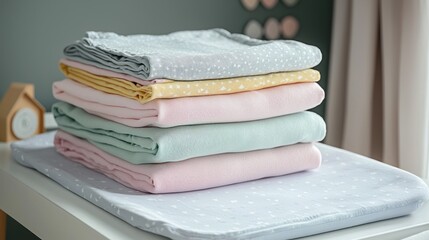 A neatly folded stack of baby clothes in pastel colors on a changing table.