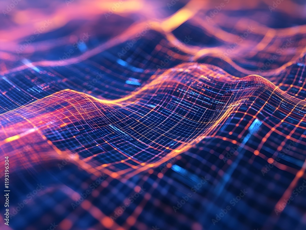 Poster Abstract digital landscape featuring flowing waves of vibrant colors and intricate grid patterns, representing complex data visualization and futuristic technology