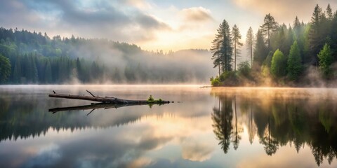 Fototapeta premium Serene sunrise over a calm lake, fog gently shrouding the trees and reflecting in the still water, a fallen log creates a tranquil scene
