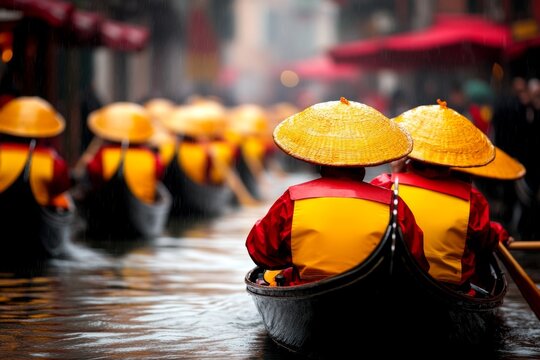 A festive scene of locals and tourists enjoying a boat parade during the Regata Storica in Venice