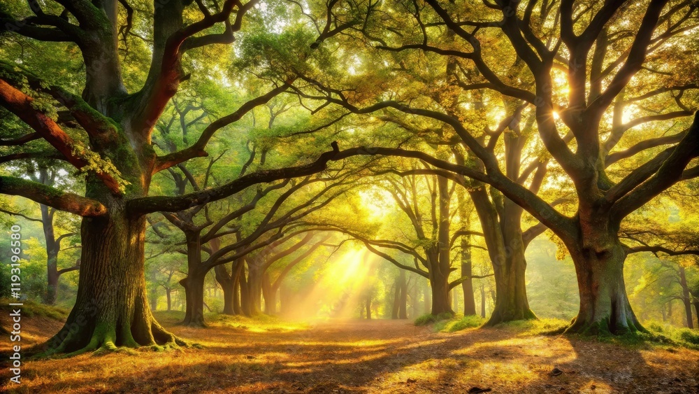 Aufkleber Golden sunlight streams through ancient trees in a serene forest path