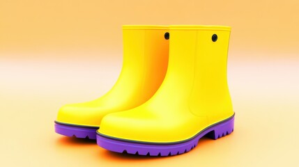 Bright yellow rubber boots with purple soles, perfect for rainy days and outdoor adventures, offering style and functionality.