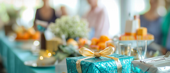beautifully wrapped gift with golden ribbon sits on table adorned with retirement themed decorations, including flowers and festive lights, creating joyful atmosphere