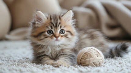 A fluffy kitten playing with a ball of yarn on a soft rug.