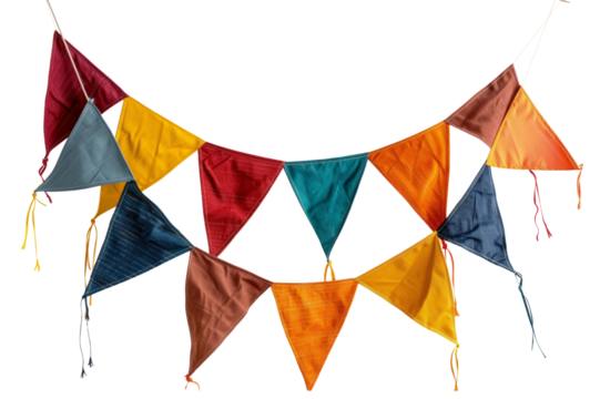 Colorful triangular flags hanging on strings with isolated against white background