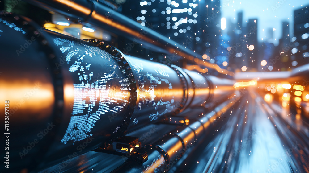 Poster wide angle view of financial district with oil pipelines, illuminated by city lights and digital data overlays, creating futuristic and dynamic atmosphere