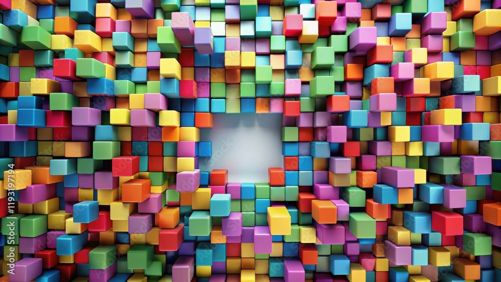 Aufkleber Abstract Colorful Cube Wall with Central Empty Space for Text or Image
