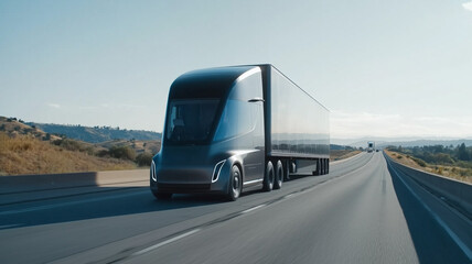 sleek, AI powered self driving truck travels highway, showcasing advanced technology and innovation transportation. futuristic design highlights potential of autonomous vehicles modern logistics