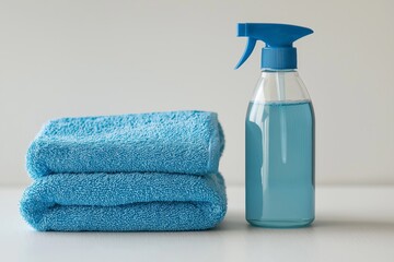 Neatly folded cleaning cloths and spray bottle on a light surface