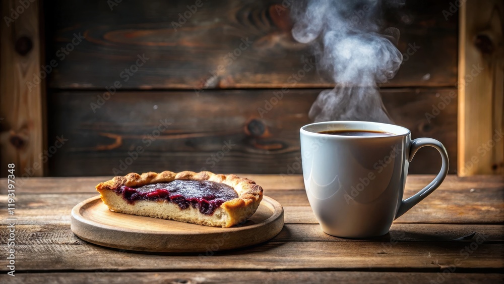 Poster a slice of warm berry pie on a wooden board accompanied by a steaming cup of coffee on a rustic wood