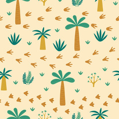Seamless pattern with palm trees, plants and dinosaur footprints. Template for print, fabric, wallpaper, wrapping paper