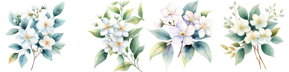 Fototapeta premium Soft Pastel Jasmine Flower Bouquets with Green Leaves for Elegant Decor and Stylish Floral Arrangements in Low Resolution