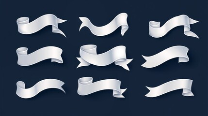 Set of snow-white satin ribbon on a solid dark blue background.