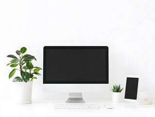 Fototapeta premium Modern Minimalist Workspace with Clean Desk, Computer Monitor, Smartphone, Plants, and Keyboard for Productivity and Inspiration in a Bright Environment
