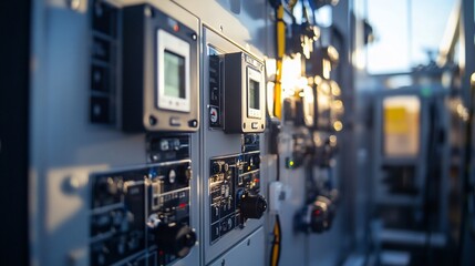 Close-up of industrial control panel with various gauges, switches, and meters.
