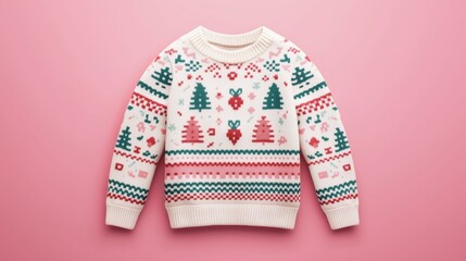 A Christmas sweater design for kids, featuring colorful patterns on a pastel background.