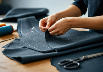 Crafting a tailored garment with precision and skill in a cozy sewing studio