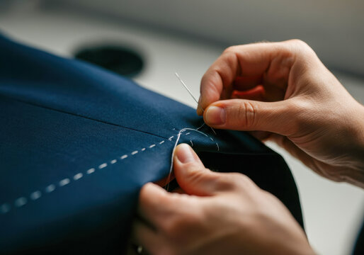 Sewing thread through fabric during a tailoring session in a bright and modern workshop environment