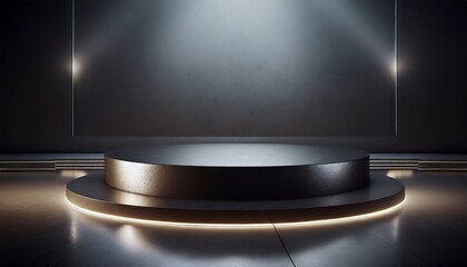 Futuristic dark metallic podium platform with light with a circular shape and illuminated ring for production replacement