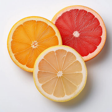 tres rodajas lonjas cortes de citricos limon, naranja y pomelo sobre fondo blanco