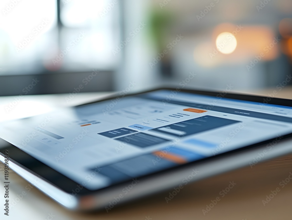 Aufkleber Modern Tablet on Wooden Table Displaying User Interface Design with Focus on Glossy Screen and Blurred Background in Contemporary Workspace Environment