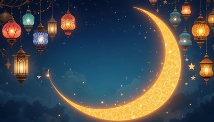 Fototapeta premium Glowing Crescent Moon Ramadan Lanterns Night Sky
