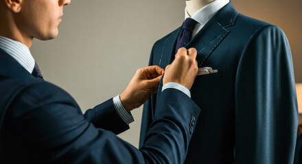 Tailor adjusting a formal suit on a mannequin in a workshop during the day