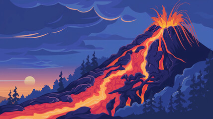 Erupting Volcano at Dusk with Flowing Fiery Lava in Twilight Sky