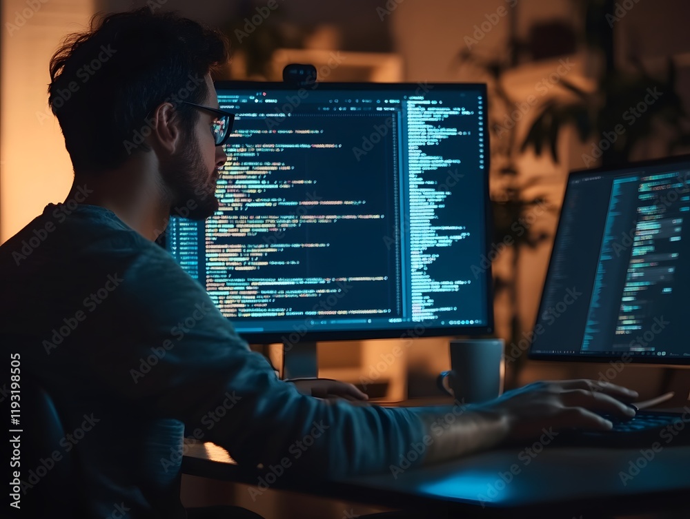 Aufkleber Focused Programmer Working Late at Night Surrounded by Multiple Monitors Displaying Lines of Code and a Coffee Cup on the Desk in a Cozy Home Office Setting