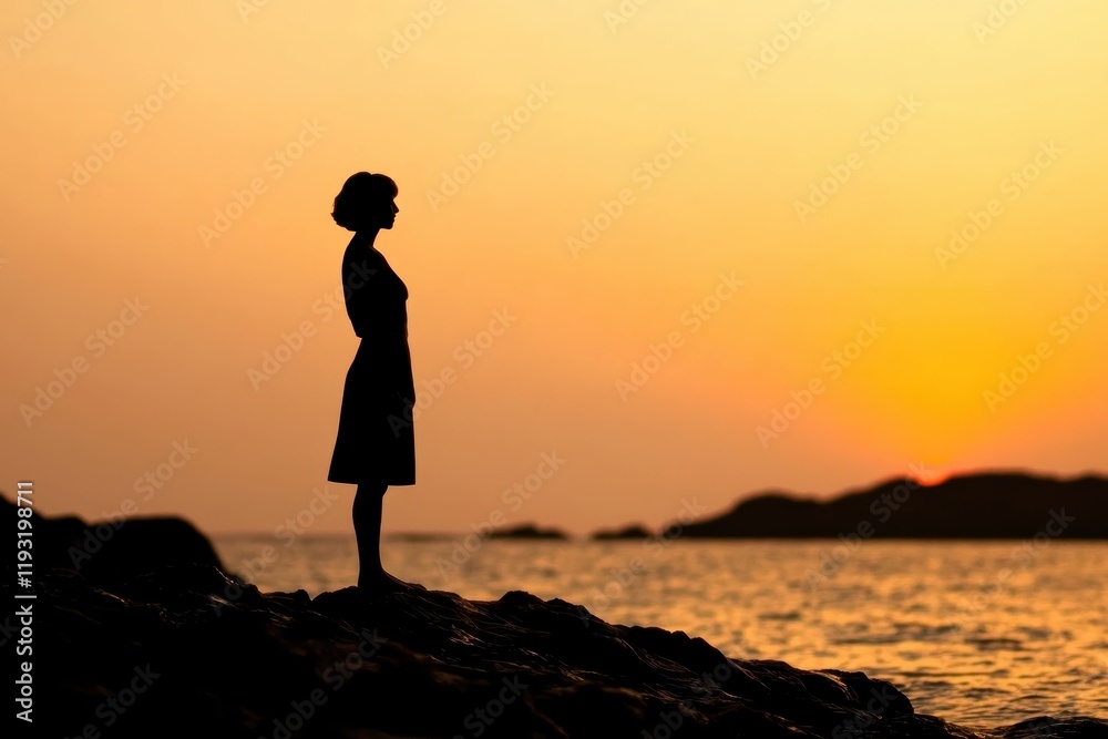 Wall mural A silhouette of a woman standing on the shore during a serene sunset by the ocean, evoking tranquility and contemplation.