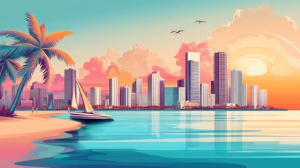 Fototapeta premium Miami Vibes: Vibrant Vector Art of Skyline and Beaches