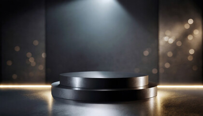 Obraz premium Futuristic dark metallic podium platform with light with a circular shape and illuminated ring for production replacement