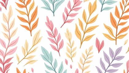 botanical pattern with colorful leaves on white.