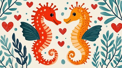 Two colorful seahorses with wings facing each other, surrounded by hearts and leaves, creating a whimsical and romantic underwater scene.