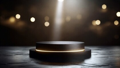Futuristic dark metallic podium platform with light with a circular shape and illuminated ring for production replacement