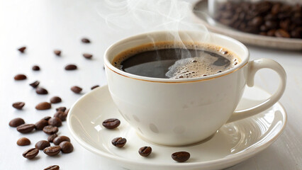 A steaming mug of hot cappuccino with frothed milk sits on a white saucer, ready for a morning caffeine fix