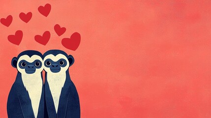 Two adorable cartoon-style monkeys face each other, surrounded by floating hearts against a vibrant pink background, symbolizing love and affection.